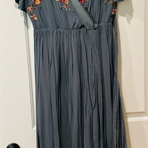 JODIFL Slate Gray Maxi Dress with Pink & Yellow Embroidery